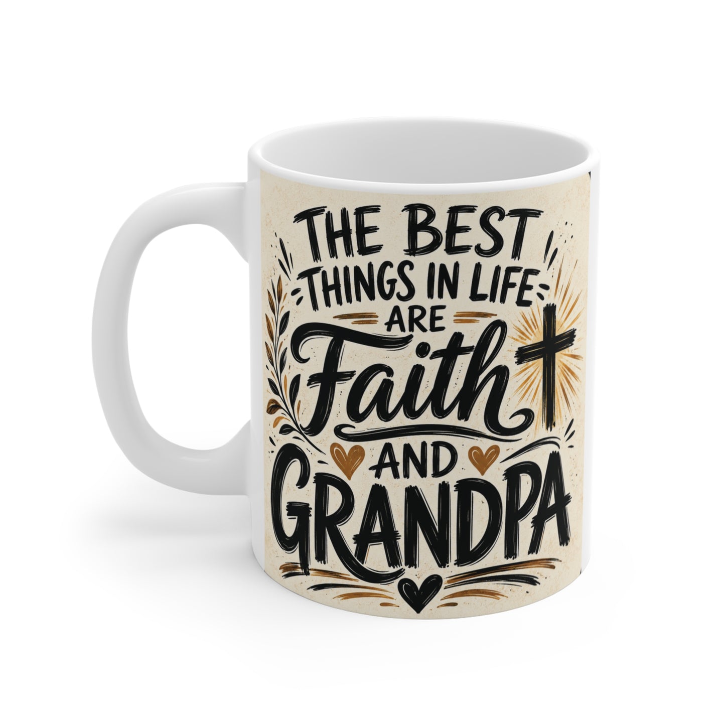 Religious grandpa coffee mug with faith-inspired typography and cross design