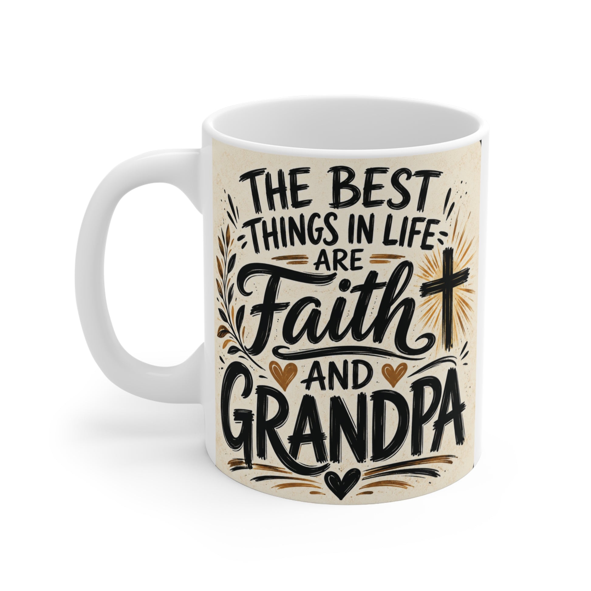 Religious grandpa coffee mug with faith-inspired typography and cross design