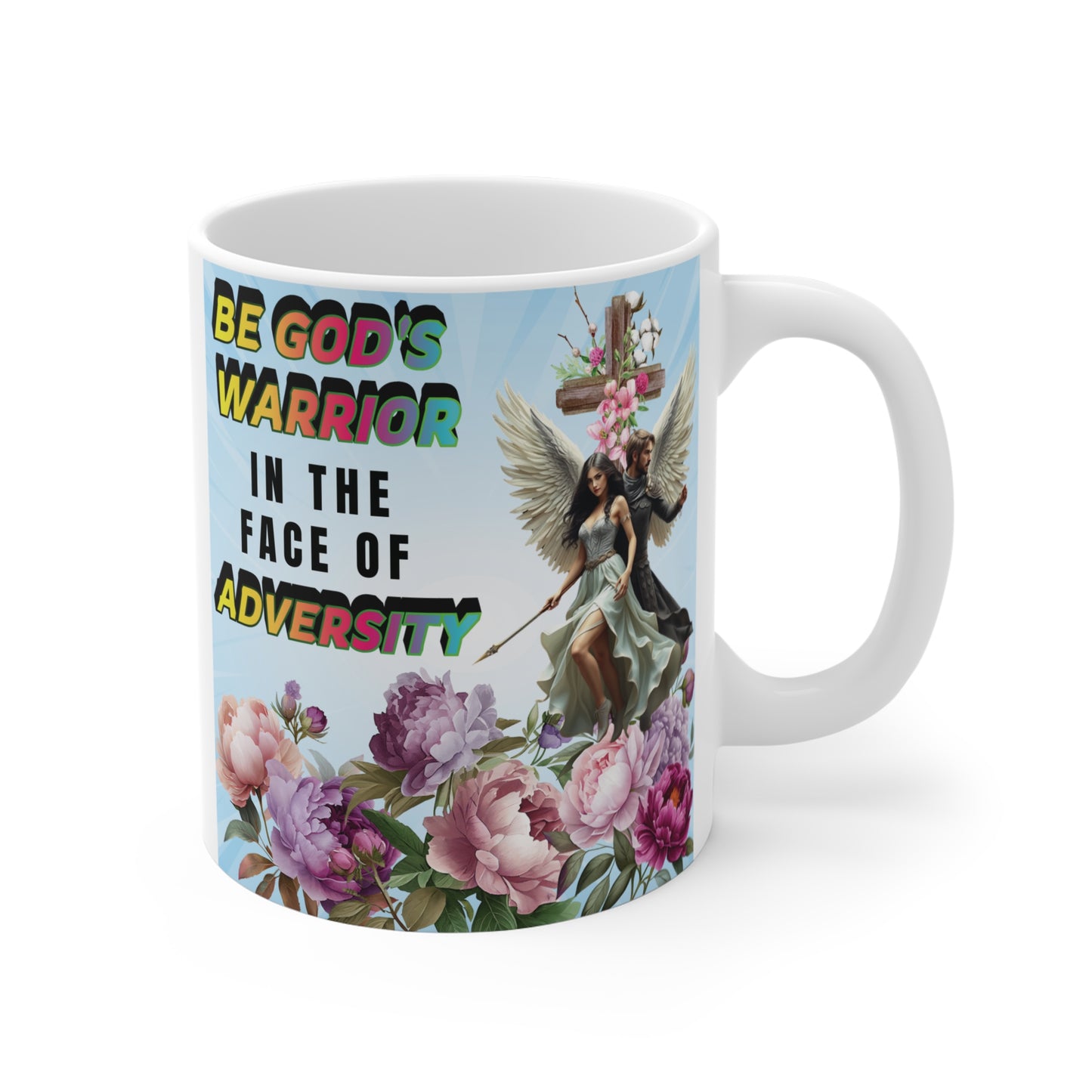 Christian inspirational mug with “Be God’s Warrior in the Face of Adversity” quote, angel figures, cross, and floral design