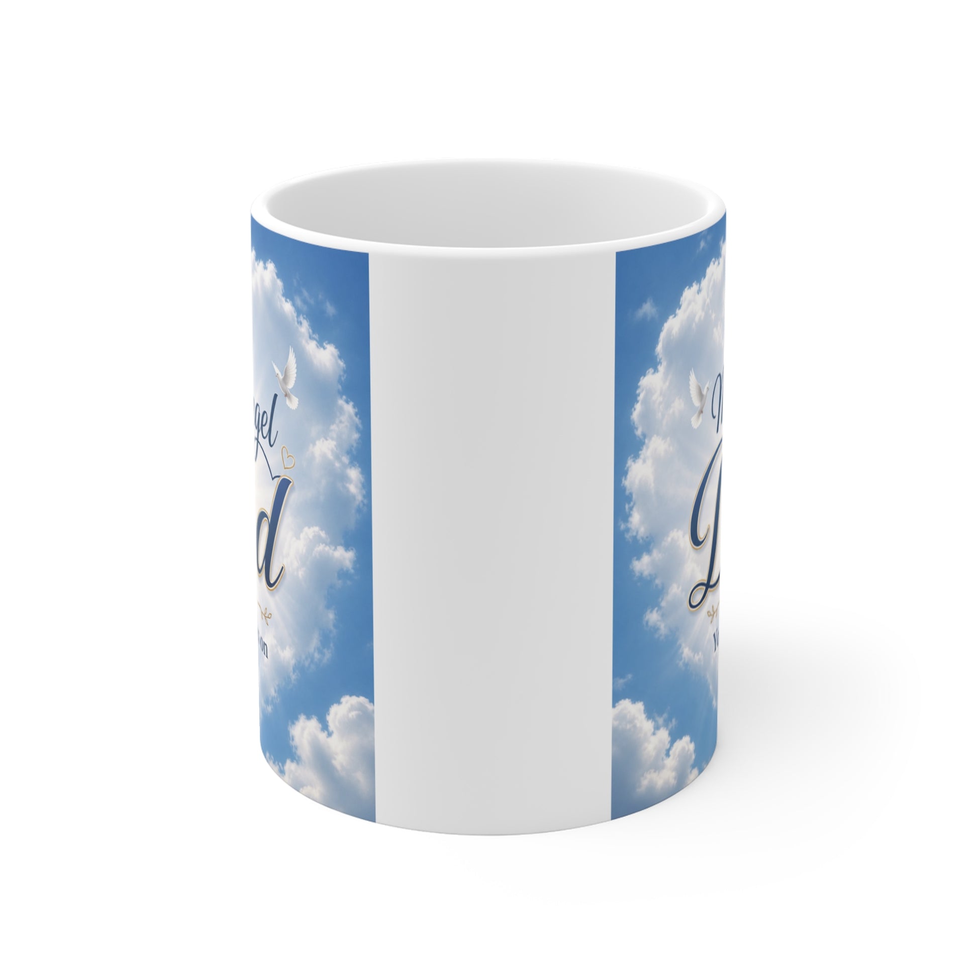 In loving memory dad coffee mug with sky clouds background, angel dad tribute cup bereavement gift idea