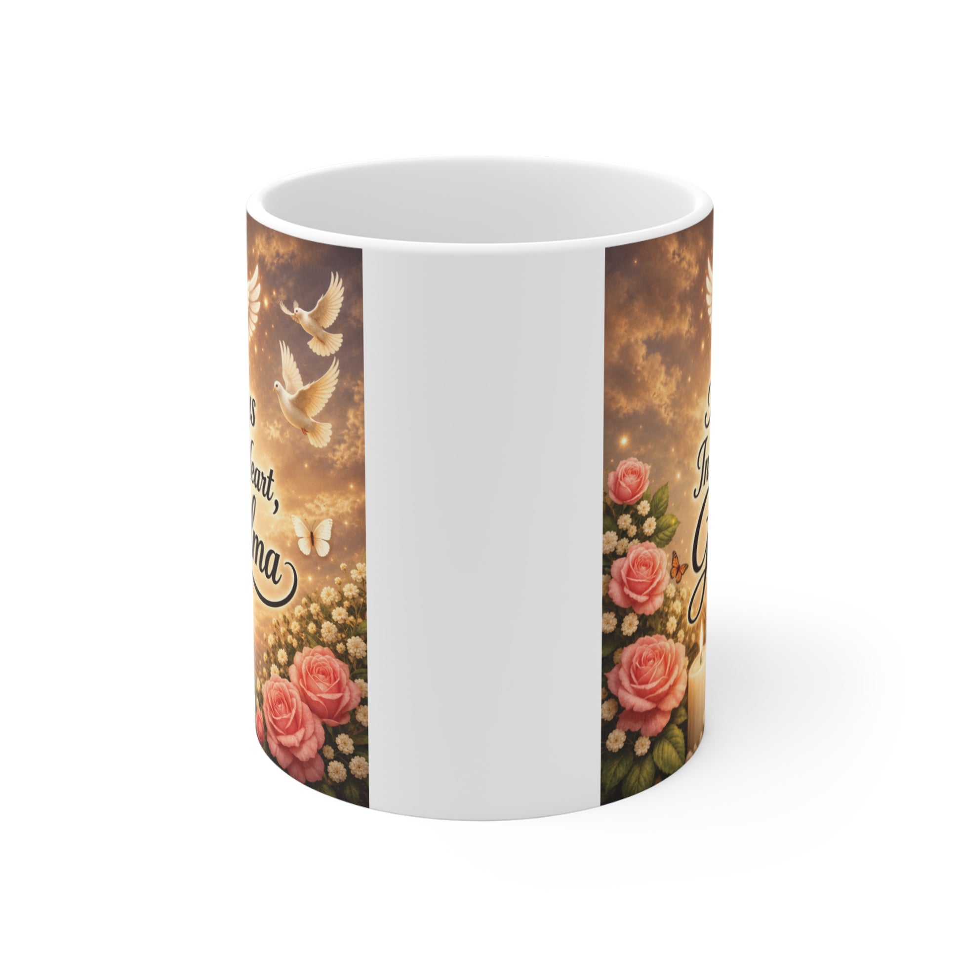 Floral grandma remembrance mug featuring elegant script text, glowing heart wings, roses, and peaceful memorial artwork.