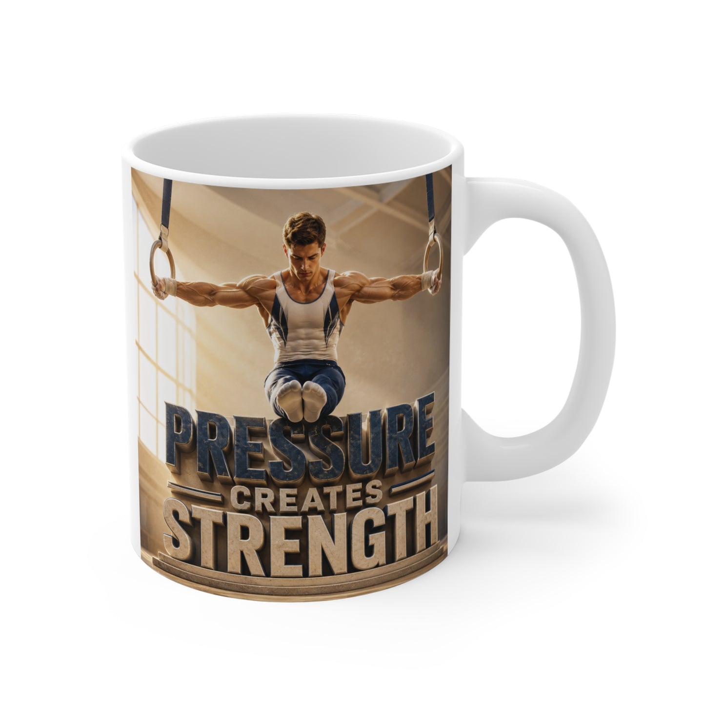 11oz ceramic mug featuring a gymnast on rings with the motivational quote Pressure Creates Strength.