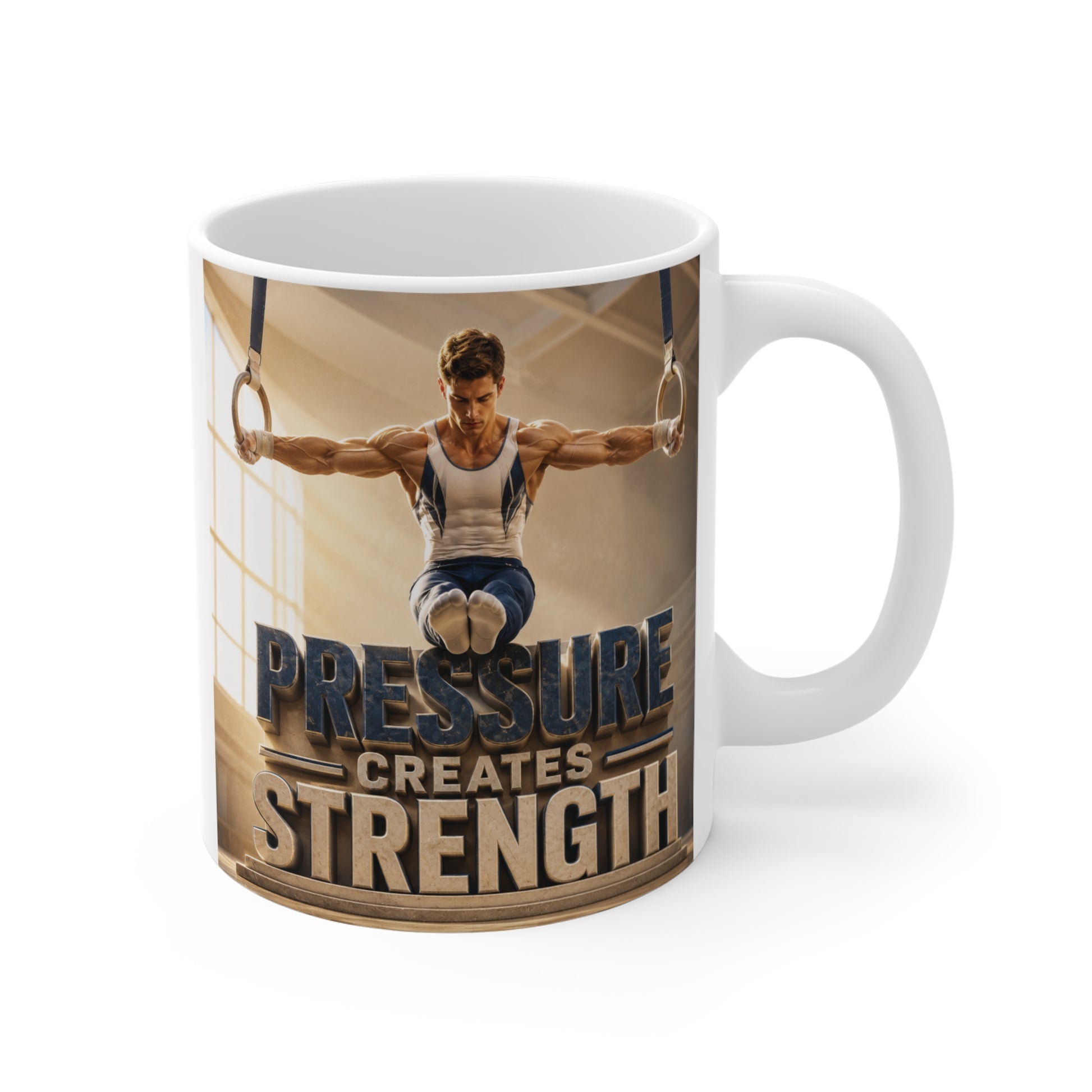 11oz ceramic mug featuring a gymnast on rings with the motivational quote Pressure Creates Strength.