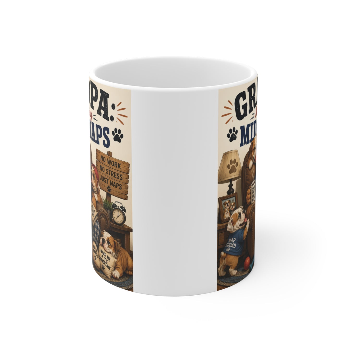 Retirement gift mug for grandpa with humorous bulldog artwork and Grandpa Now Accepting Midday Naps text printed on a white coffee cup.