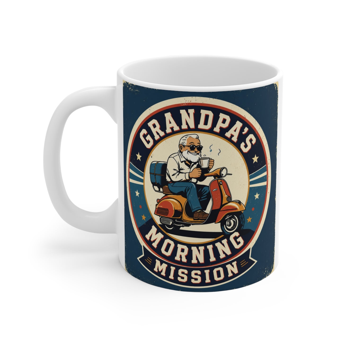 Vintage-style coffee mug showing a cool grandfather riding a scooter while drinking coffee, featuring the phrase Grandpa's Morning Mission.