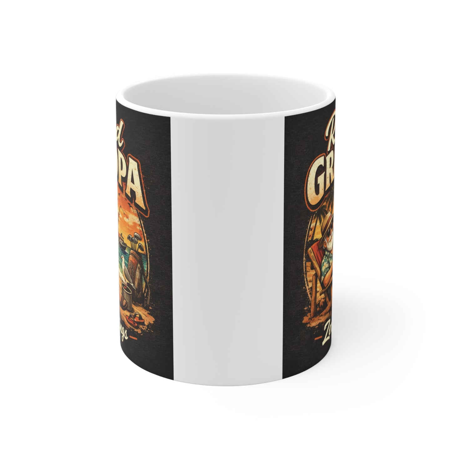 Funny retirement coffee mug showing a retired grandpa fishing by a lake with Zero Meetings slogan.
