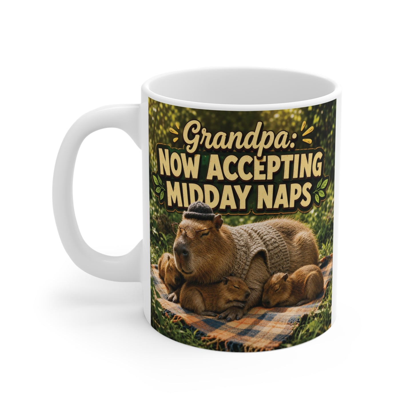 Retirement-themed grandpa coffee mug displaying a cozy napping bear and "Grandpa: Now Accepting Midday Naps" typography on an 11oz ceramic mug.