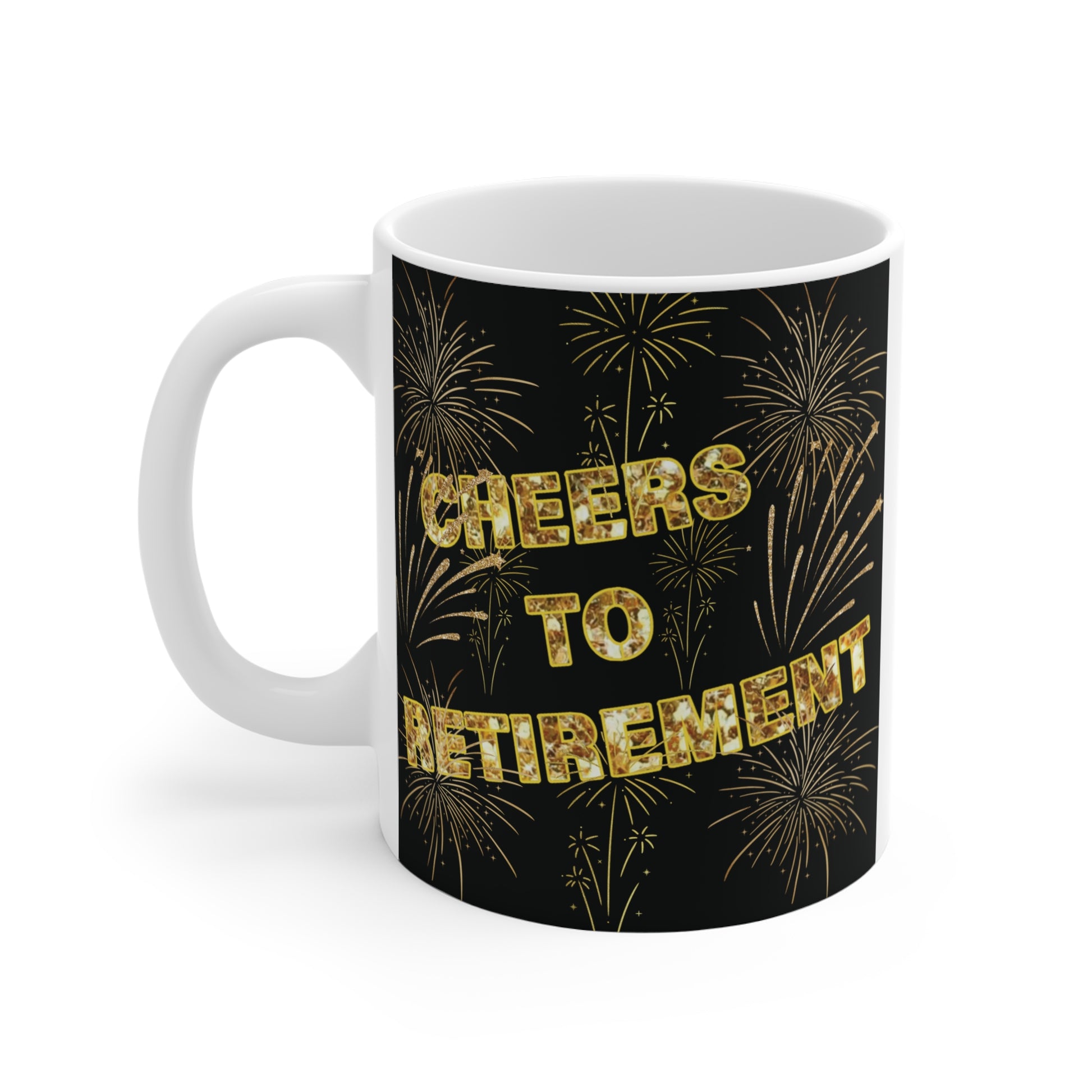 Retirement party coffee mug featuring “Cheers to Retirement” message with fireworks design