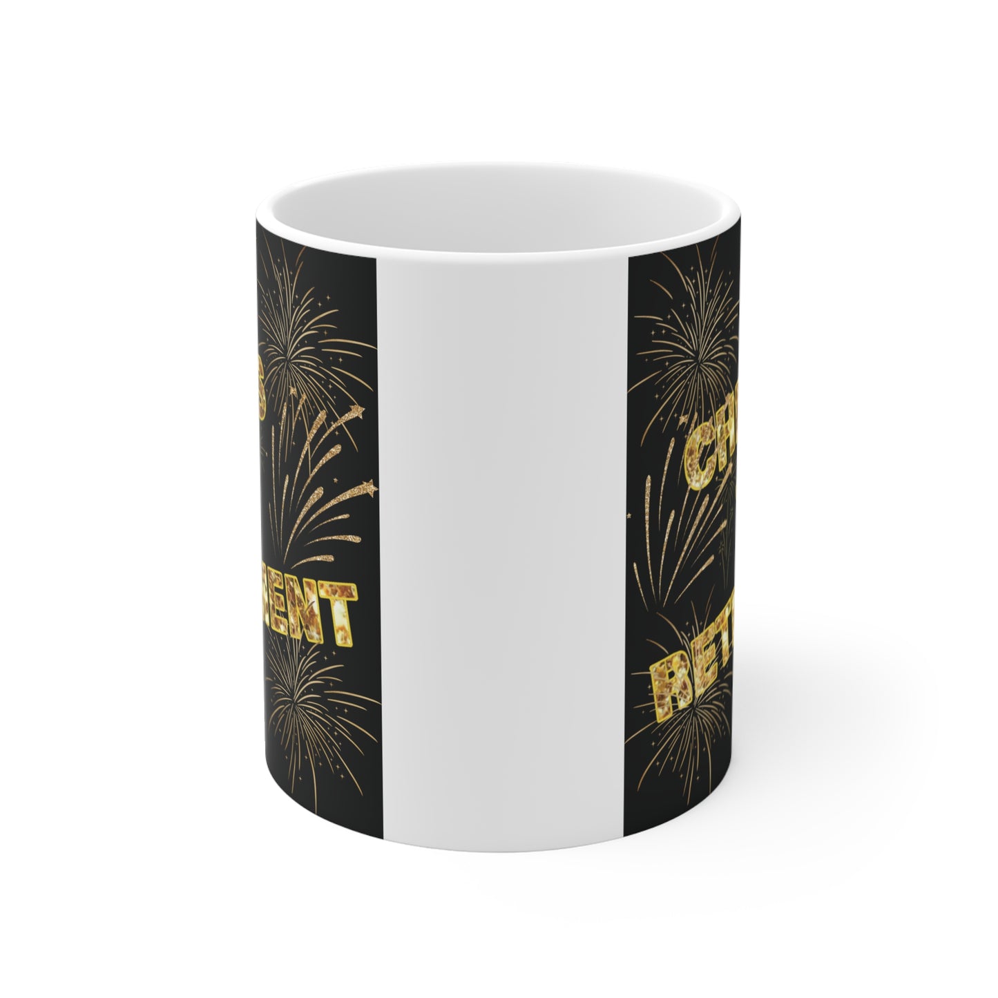 Funny retirement mug with gold typography and fireworks, perfect gift for retirees and coworkers