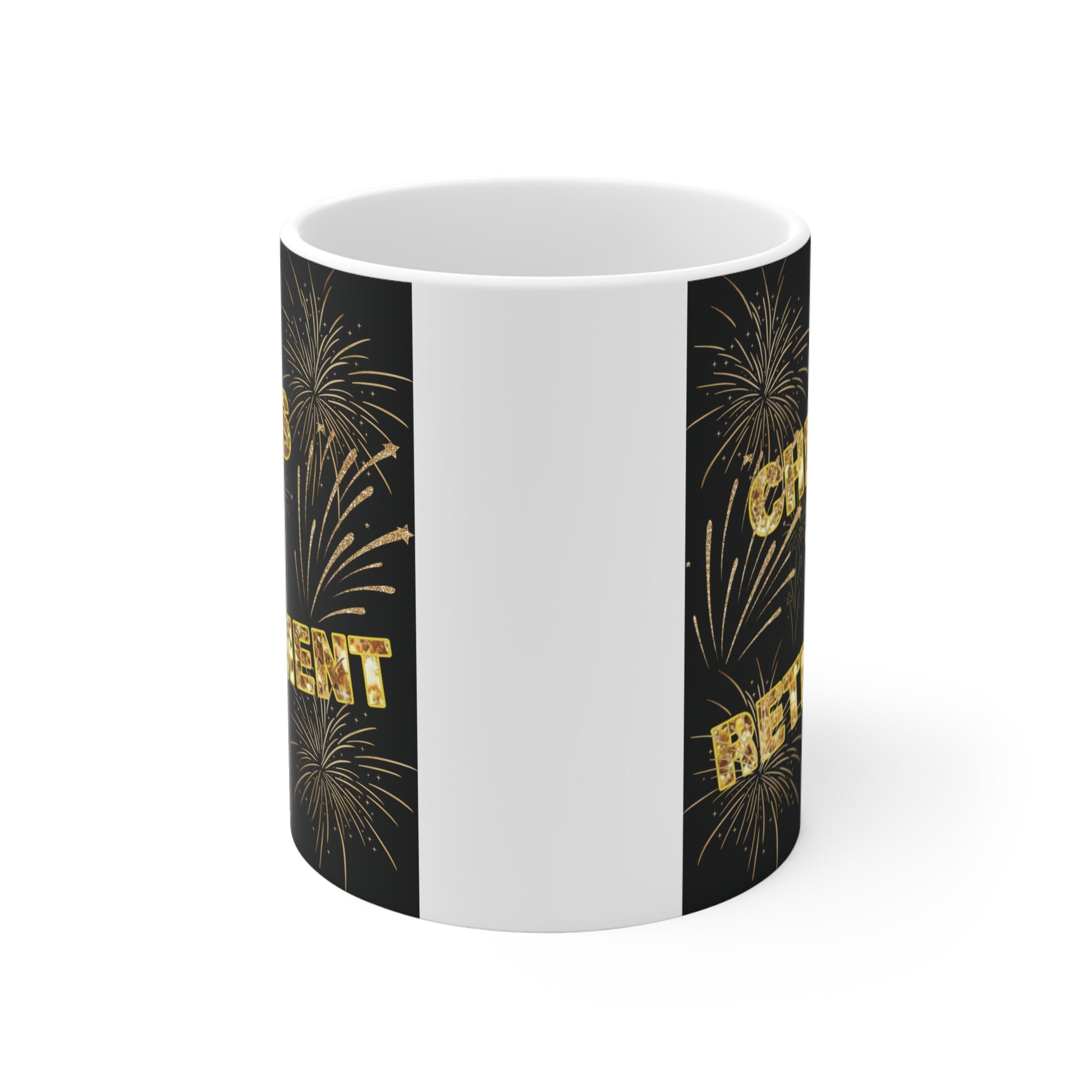 Funny retirement mug with gold typography and fireworks, perfect gift for retirees and coworkers