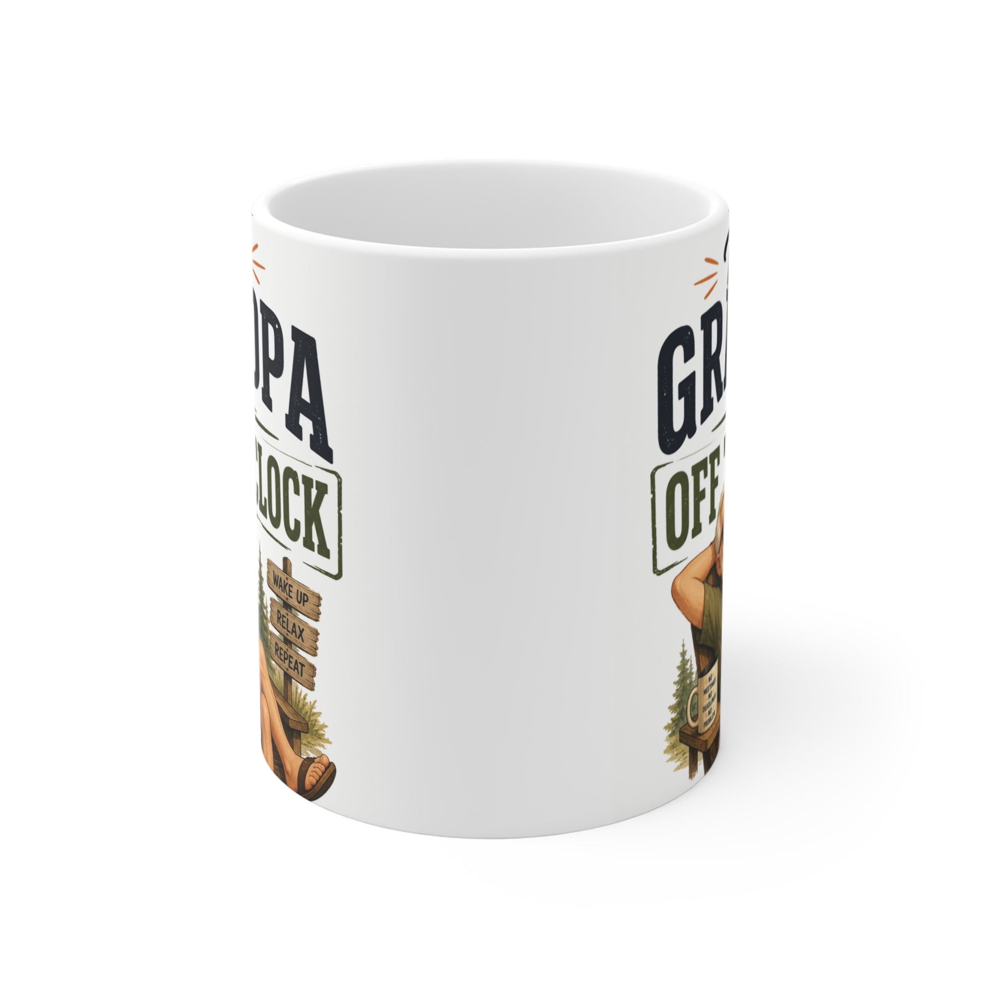 Funny retirement mug for grandpa featuring This Grandpa Is Off The Clock typography and relaxing grandfather design