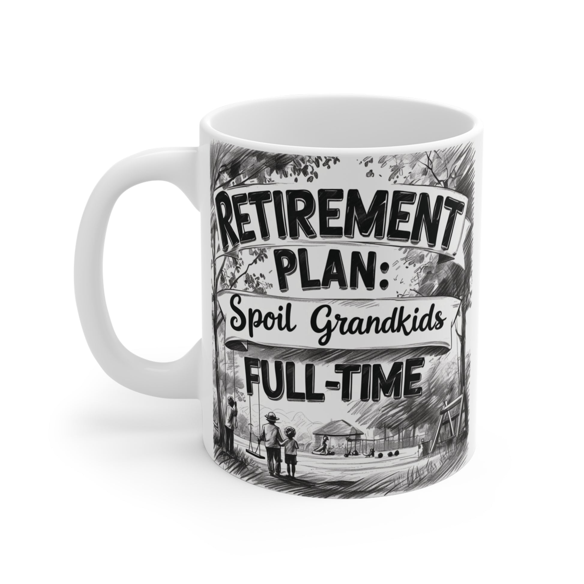 Retirement gift mug for Grandma or Grandpa with playful grandparent quote and vibrant outdoor artwork.