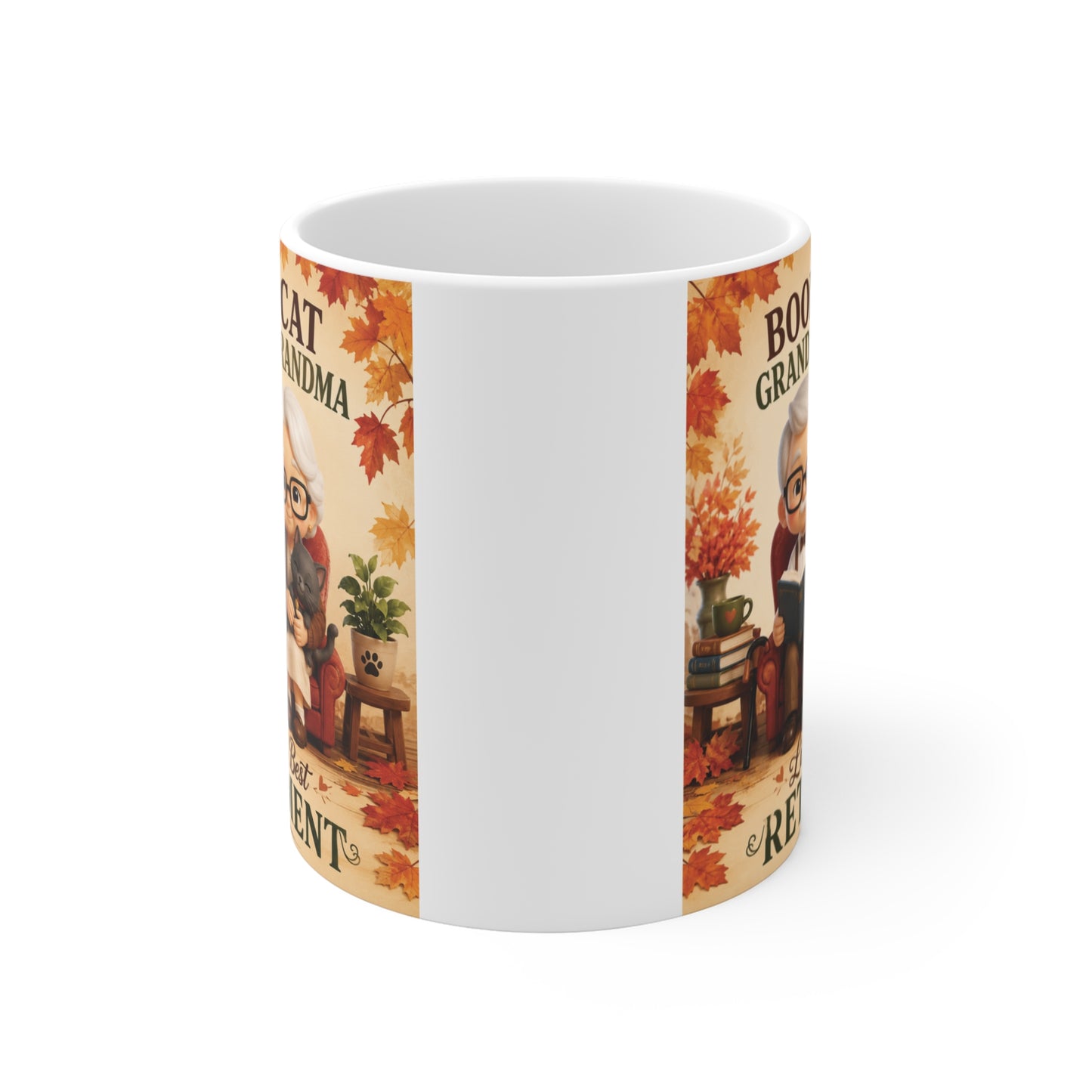 Autumn-themed retirement coffee mug with adorable Book Grandpa reading beside Cat Grandma holding a cat, perfect gift for retired couples.