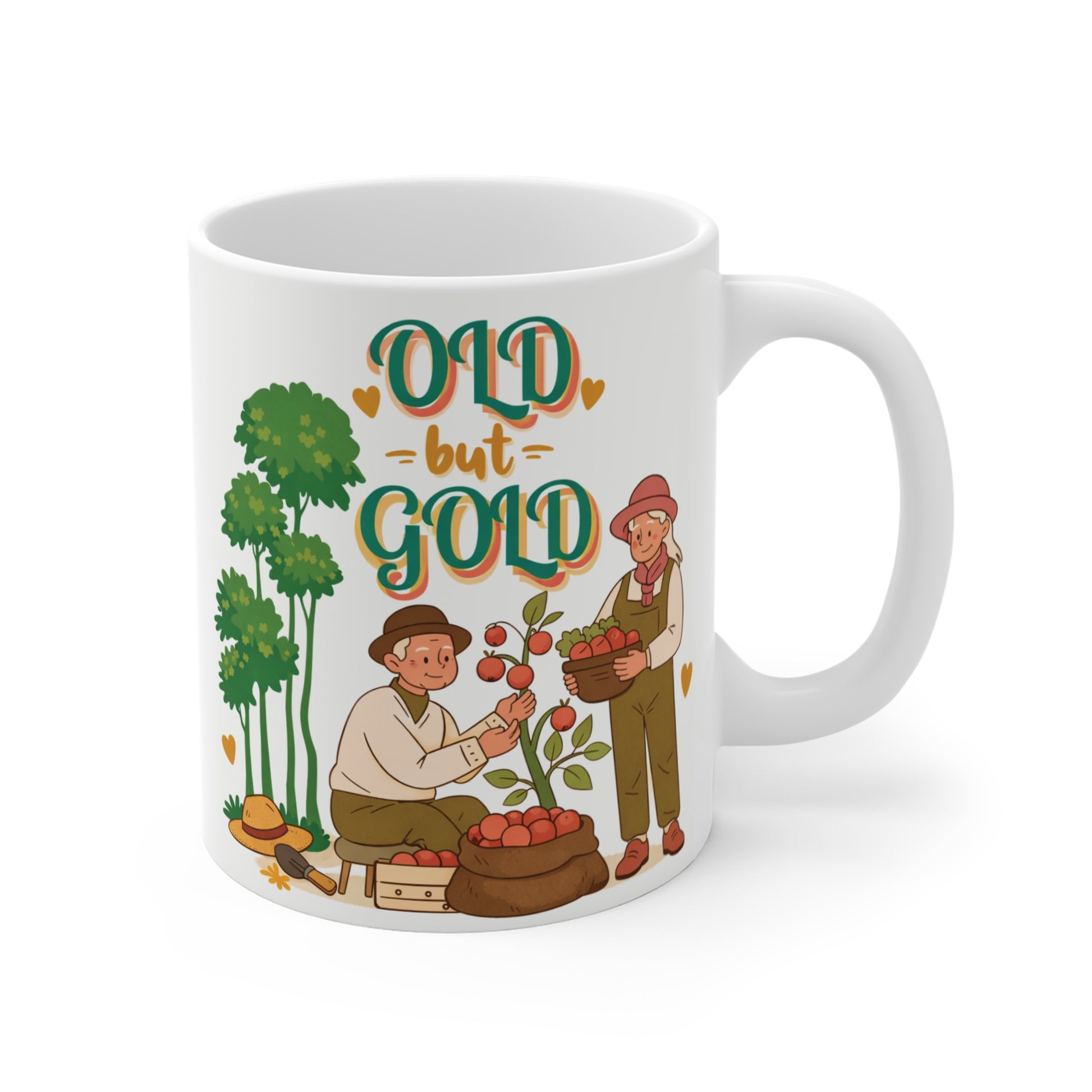 Vintage Old But Gold gardening mug featuring an elderly couple harvesting vegetables in a beautiful garden.