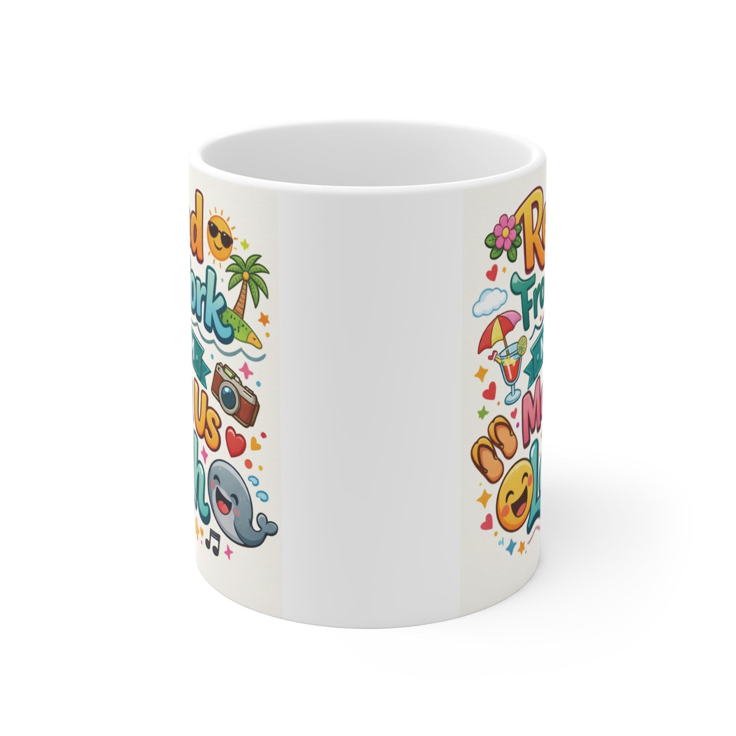 Colorful retirement coffee mug featuring "Retired From Work Not From Making Us Laugh" typography with smiley faces and flowers, ideal retirement gift for bosses, parents, and retirees.