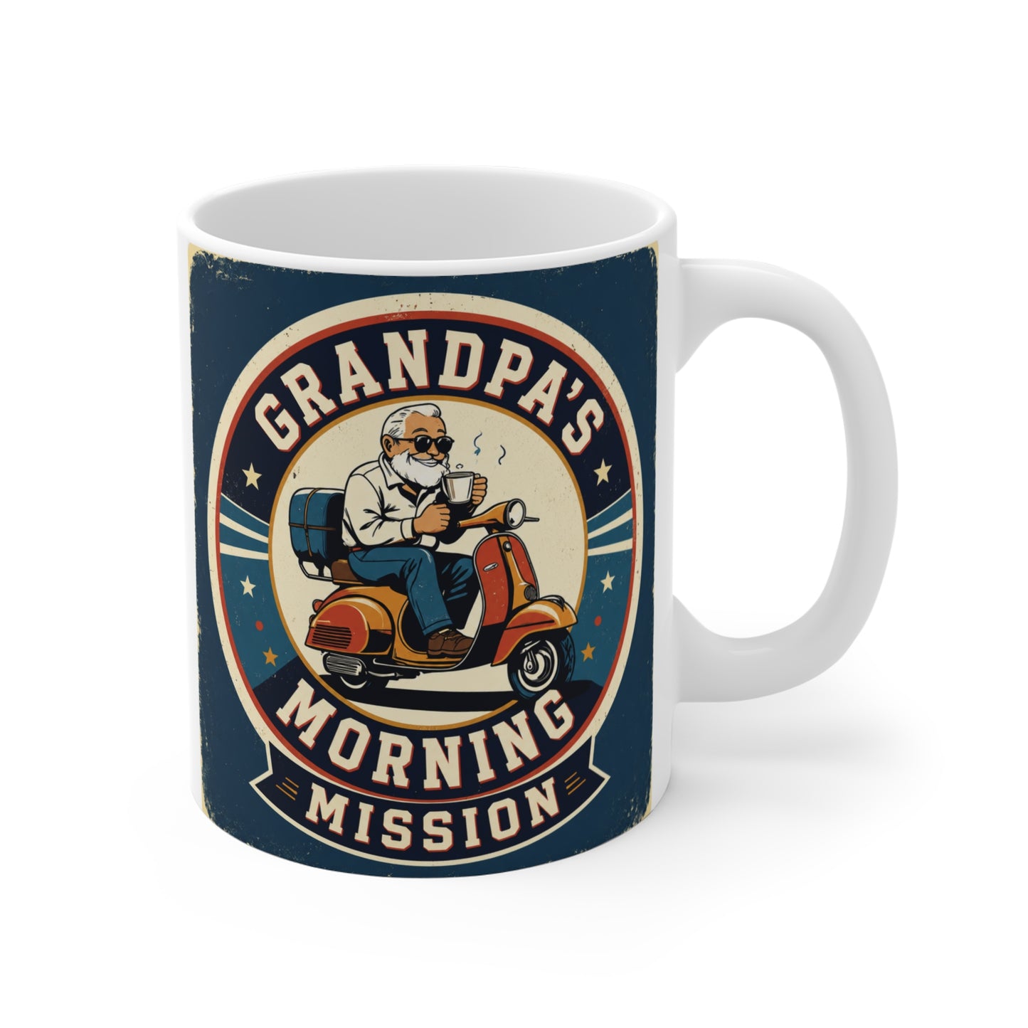 11oz ceramic coffee mug featuring a vintage scooter-riding grandpa holding a coffee cup with the text Grandpa's Morning Mission in retro badge style.