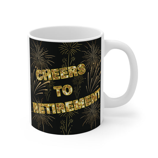 Cheers to retirement mug with gold glitter text and fireworks, black background celebration gift