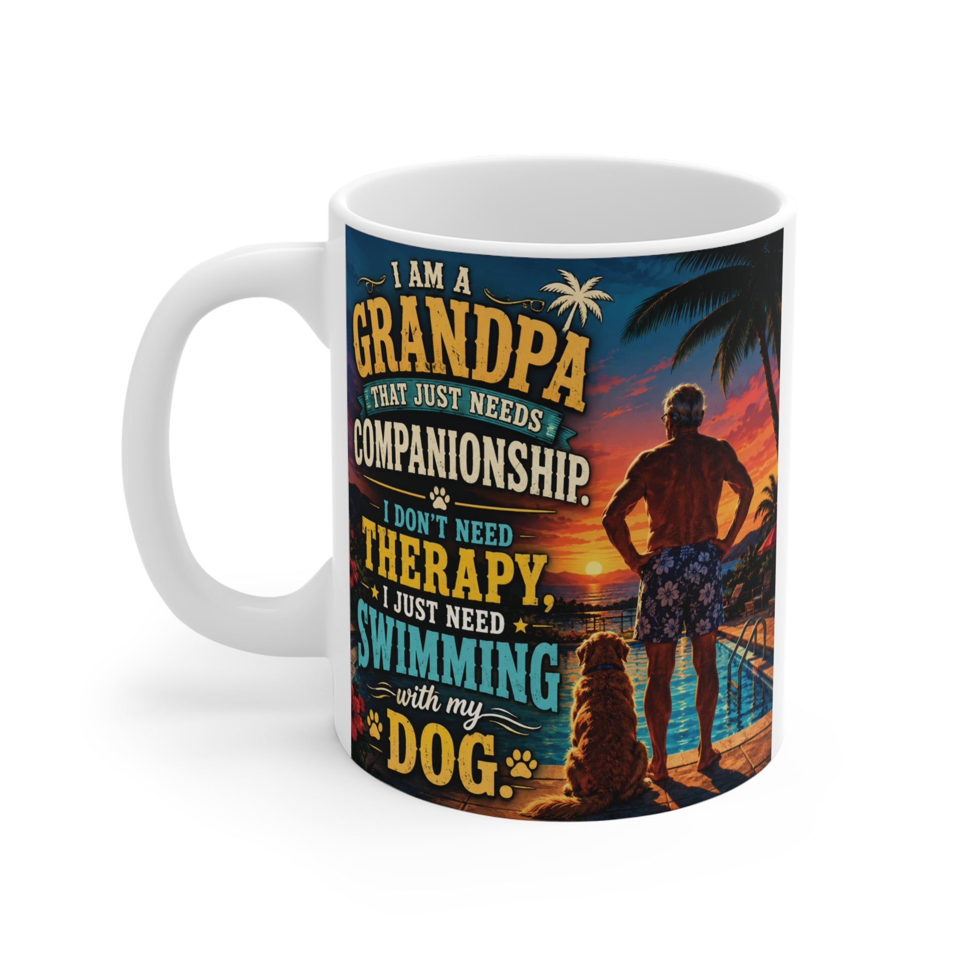 Retirement gift mug for grandpa with vibrant beach sunset design and heartfelt message about swimming with his dog and companionship