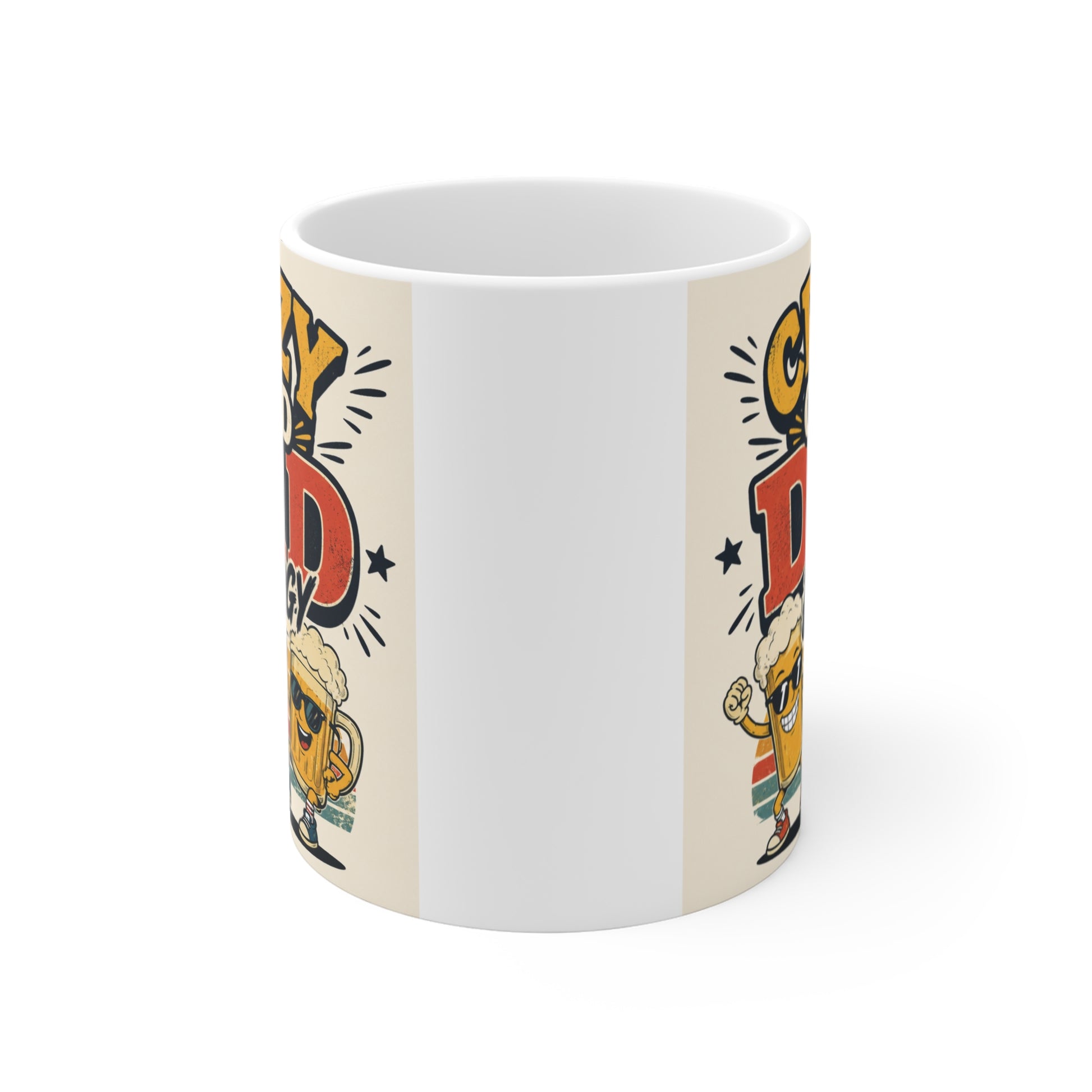 Funny Father’s Day gift mug with 70s style typography and vibrant graphic design for dads who love beer and coffee.