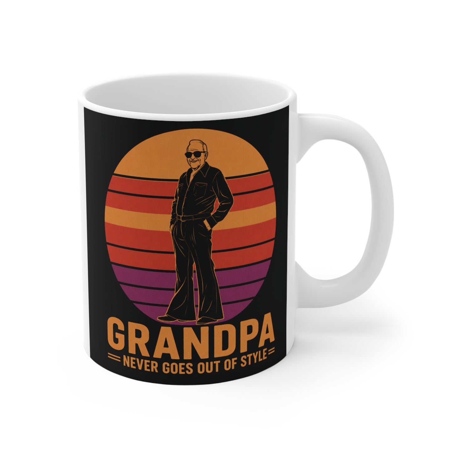A vintage retro style 11oz coffee mug featuring a cool grandfather silhouette and sunset stripes with the quote "Grandpa Never Goes Out Of Style".