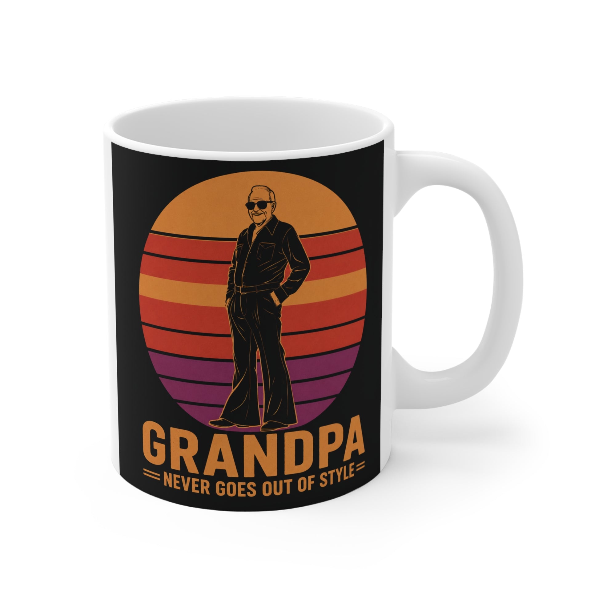 A vintage retro style 11oz coffee mug featuring a cool grandfather silhouette and sunset stripes with the quote "Grandpa Never Goes Out Of Style".