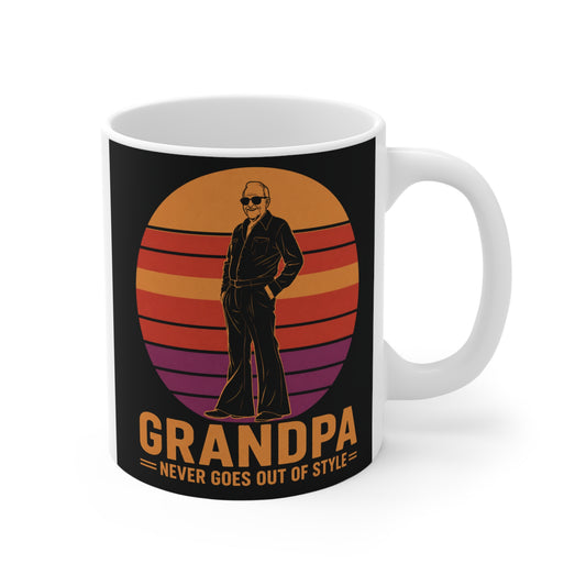 A vintage retro style 11oz coffee mug featuring a cool grandfather silhouette and sunset stripes with the quote "Grandpa Never Goes Out Of Style".