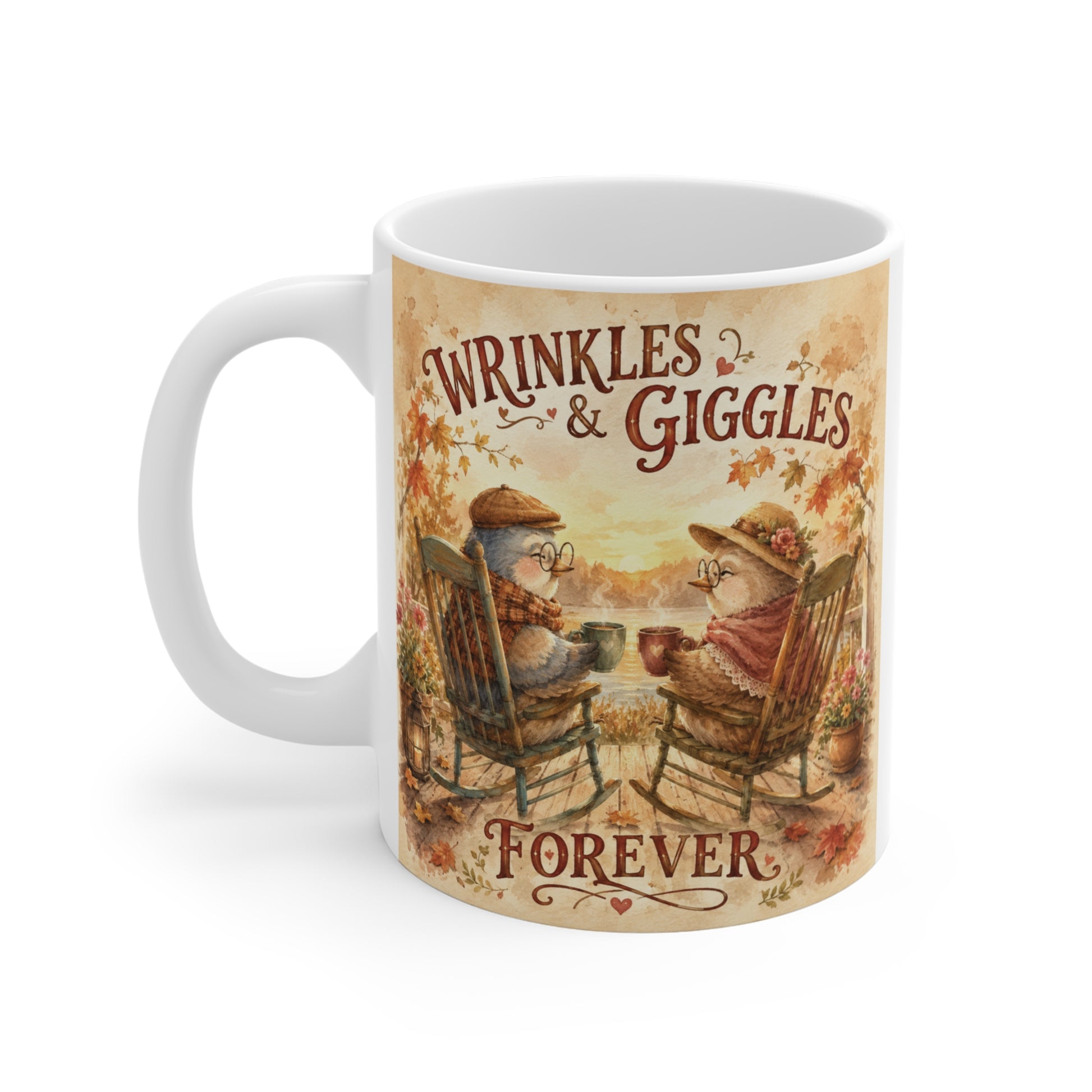 11oz anniversary coffee mug with vintage watercolor artwork celebrating lifelong love and laughter.