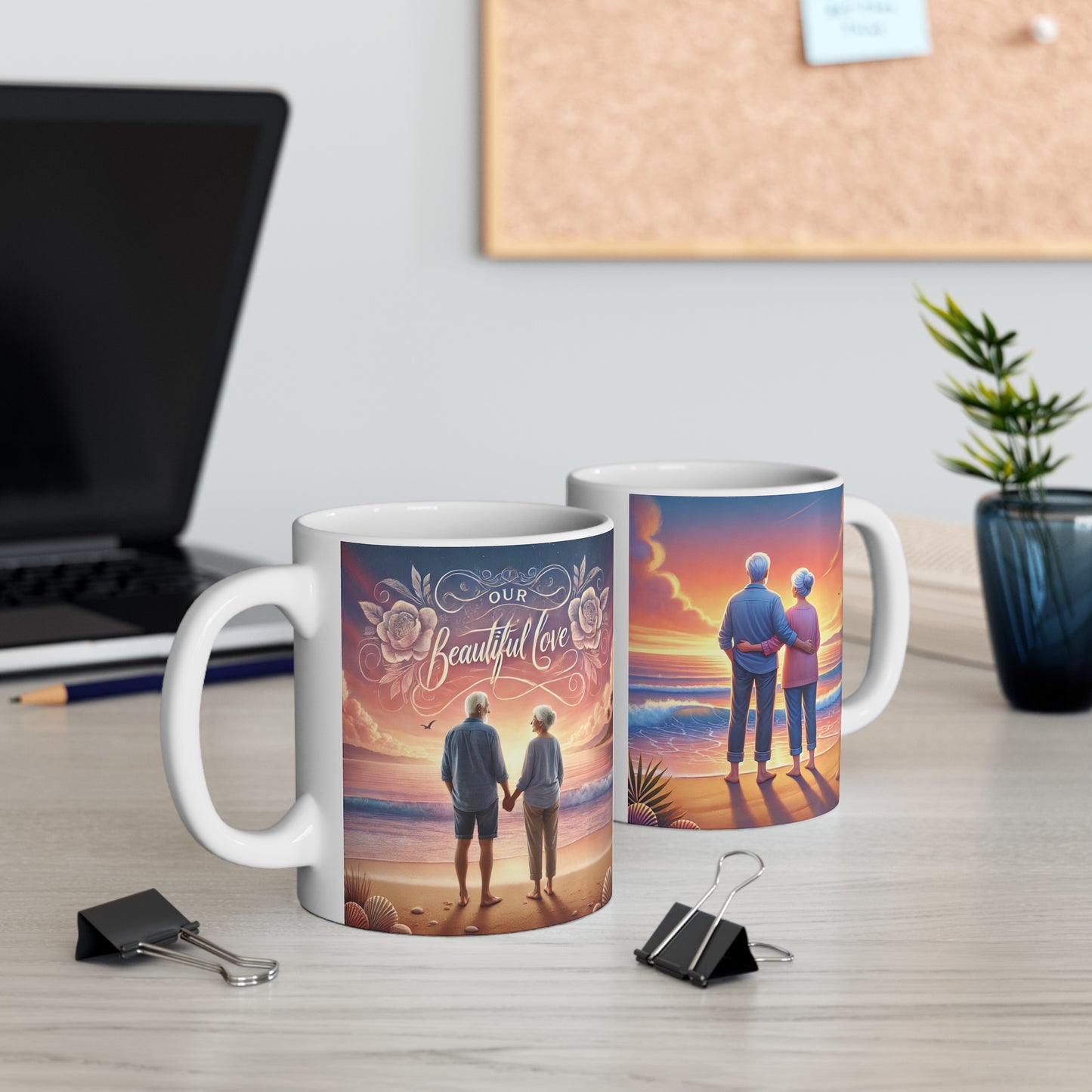 Romantic beach sunset coffee mug featuring senior couple and “Our Beautiful Love” text, love gift idea