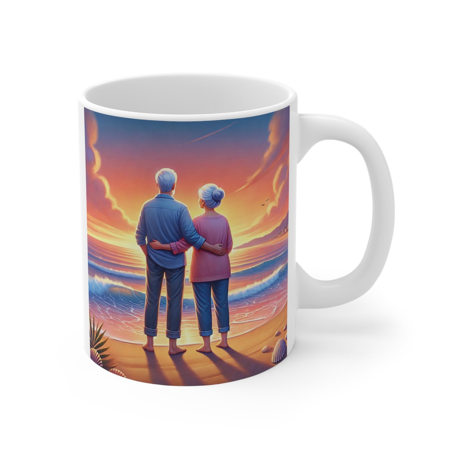 Our beautiful love mug with elderly couple holding hands on beach at sunset, romantic anniversary gift