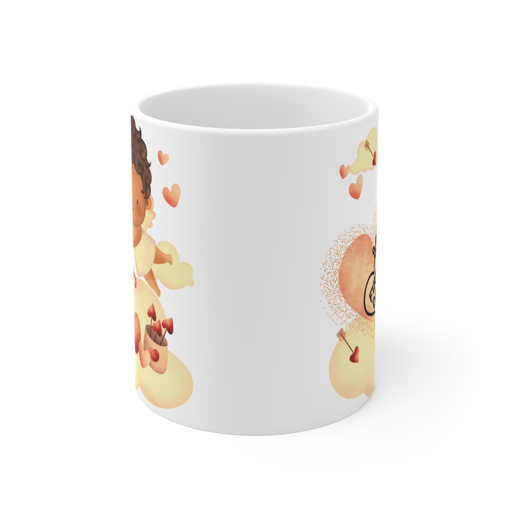 Cute cupid mug with ‘First Date’ heart design, arrows, and romantic cartoon illustration for Valentine’s gift