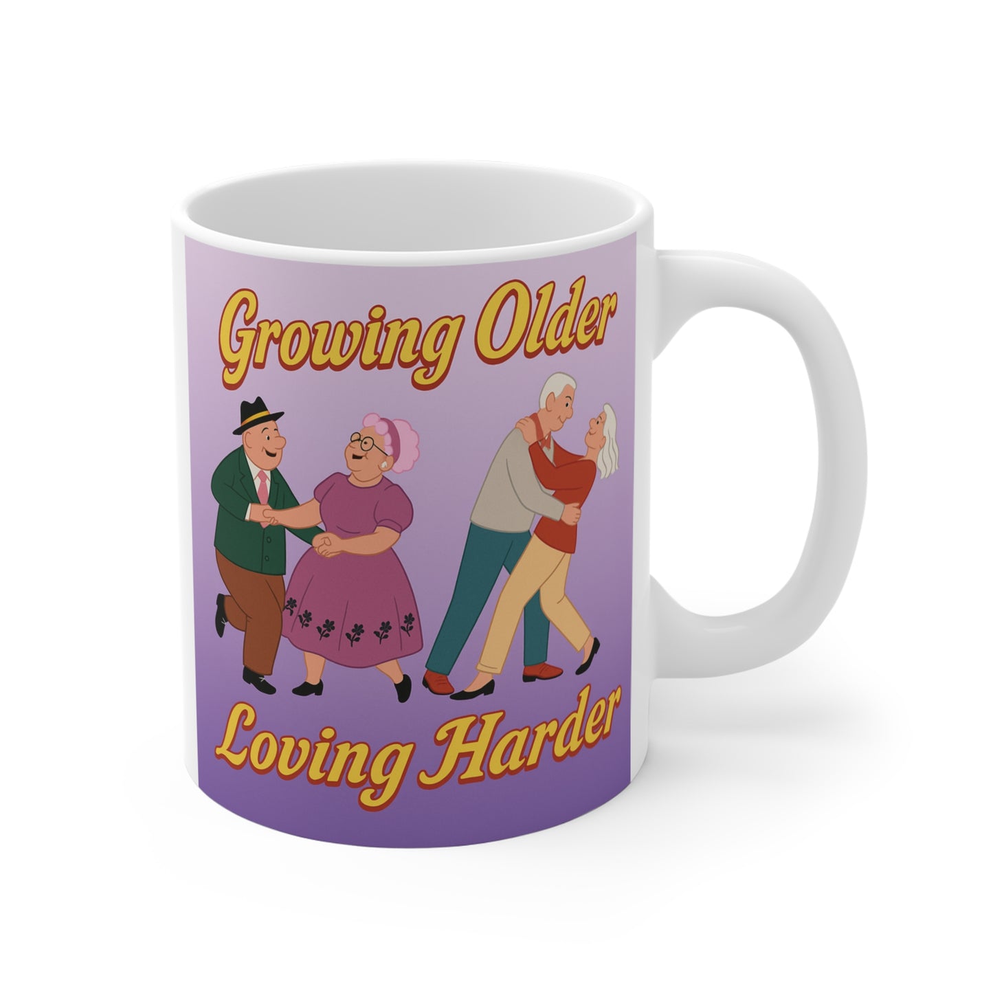 Growing Older Loving Harder 11oz ceramic coffee mug featuring two dancing couples and a romantic love quote.