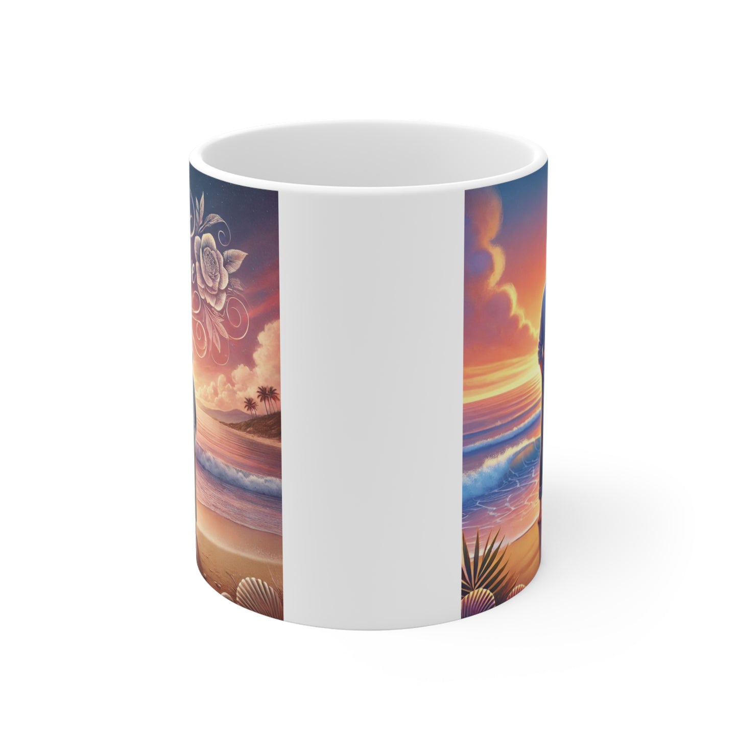 Anniversary mug with older couple by the ocean, sunset scene and elegant typography, meaningful gift for couples