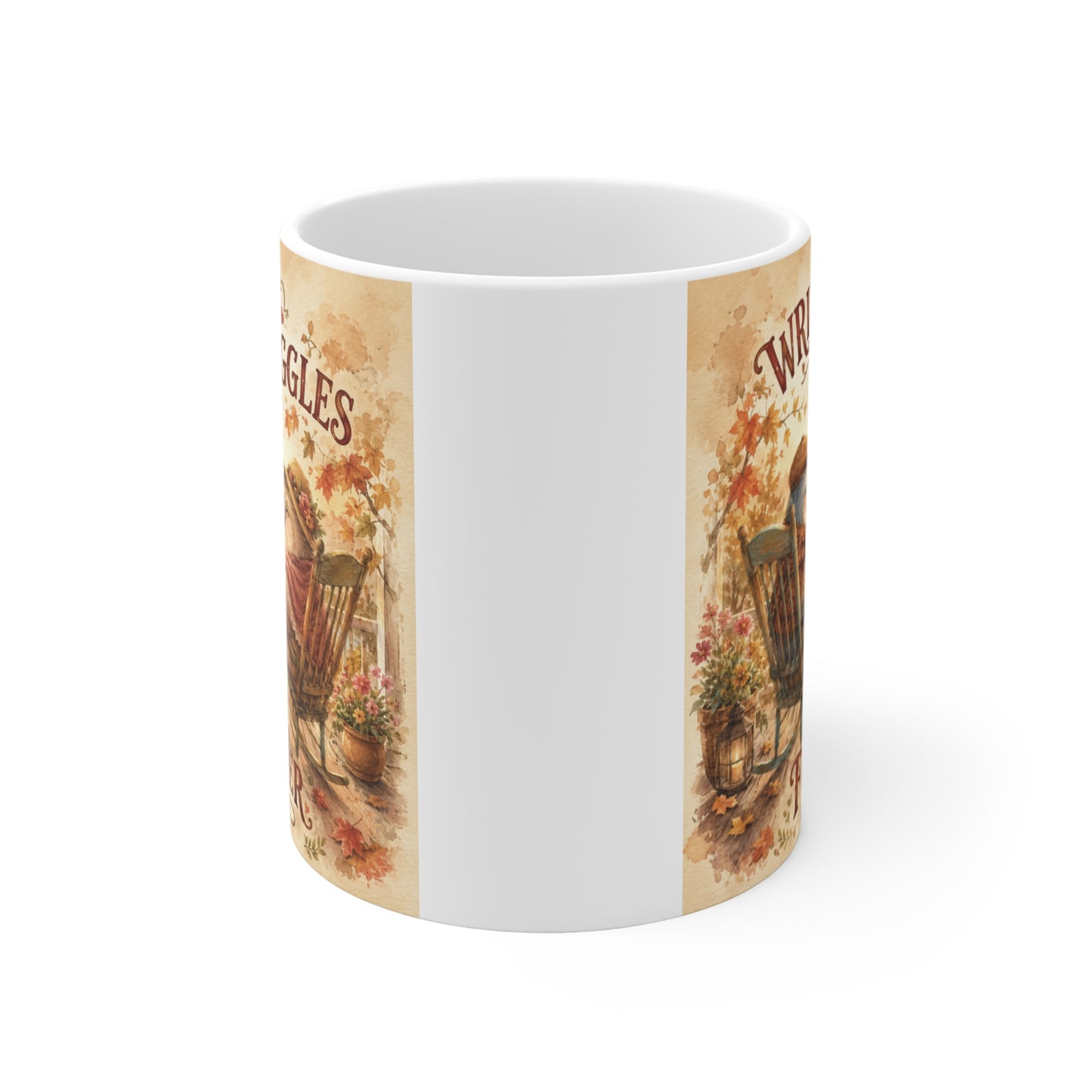 Romantic ceramic coffee mug featuring elderly couple enjoying sunset with Wrinkles & Giggles Forever text.