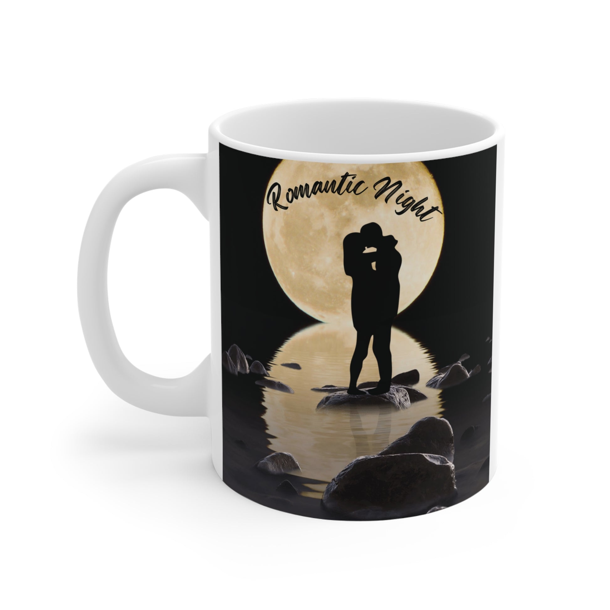 Romantic couple silhouette mug with full moon reflection, ‘Romantic Night’ design on ceramic coffee cup for couples gift