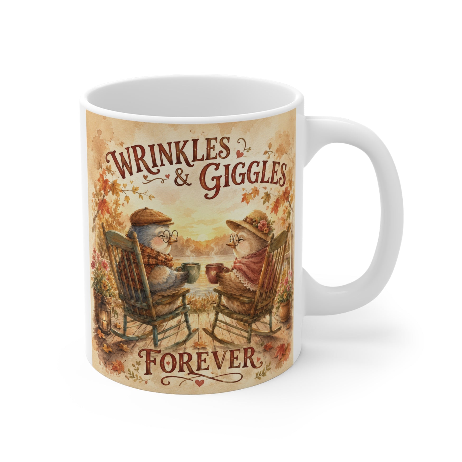 Wrinkles & Giggles Forever vintage watercolor couple mug with elderly couple in rocking chairs by a peaceful lake.