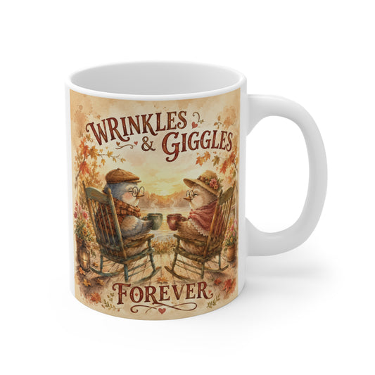 Wrinkles & Giggles Forever vintage watercolor couple mug with elderly couple in rocking chairs by a peaceful lake.