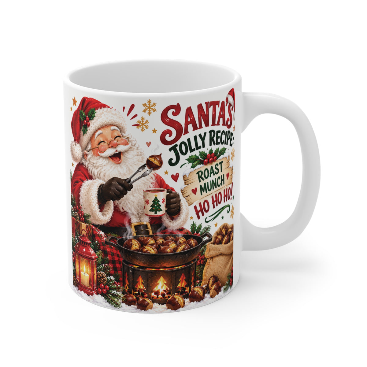 11oz Santa Christmas mug featuring a jolly Santa roasting chestnuts by a cozy fire with festive holiday artwork.