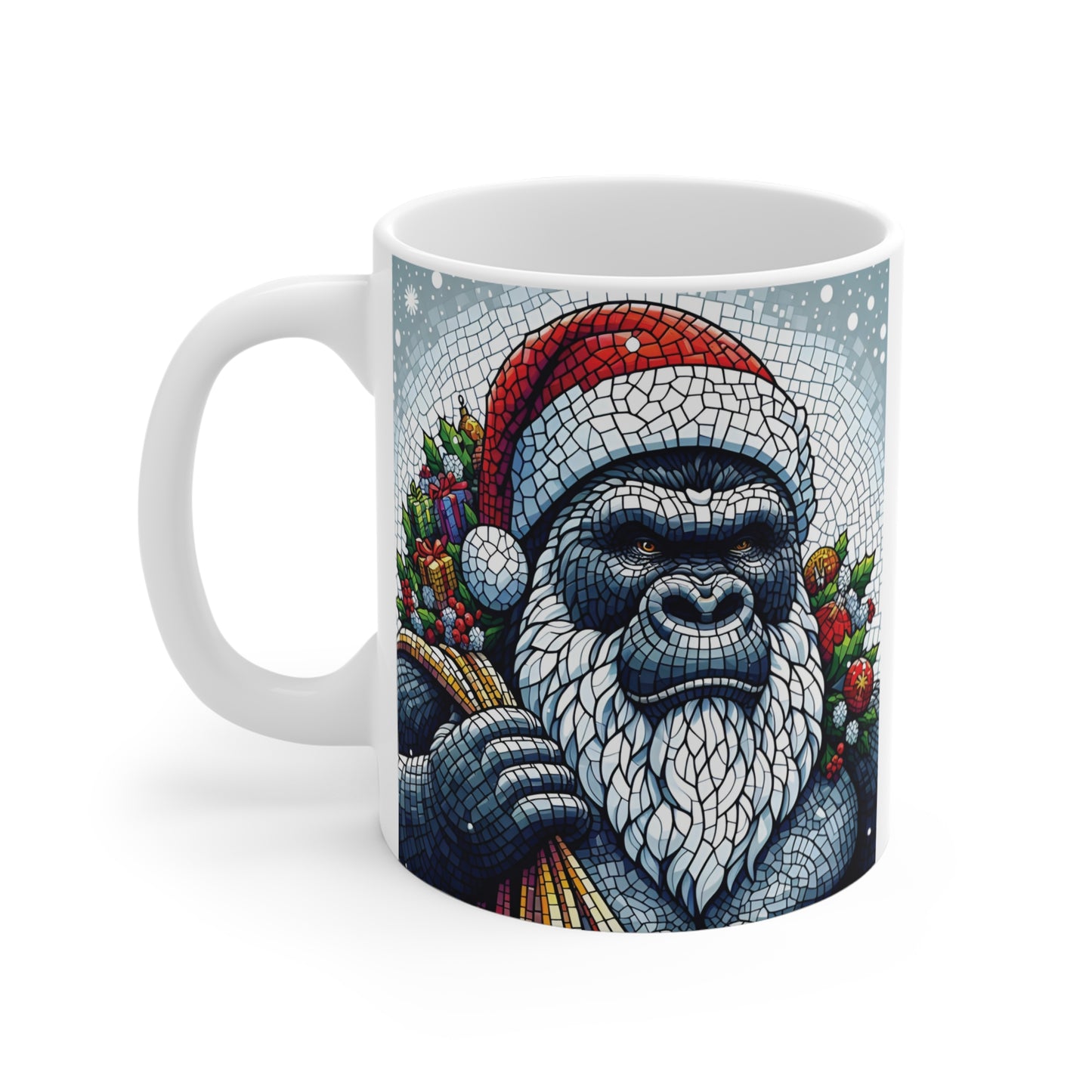 Santa Gorilla Ceramic Mug – Unique Christmas Gorilla Art Mug Featuring Holiday Gifts and Winter Mosaic Design