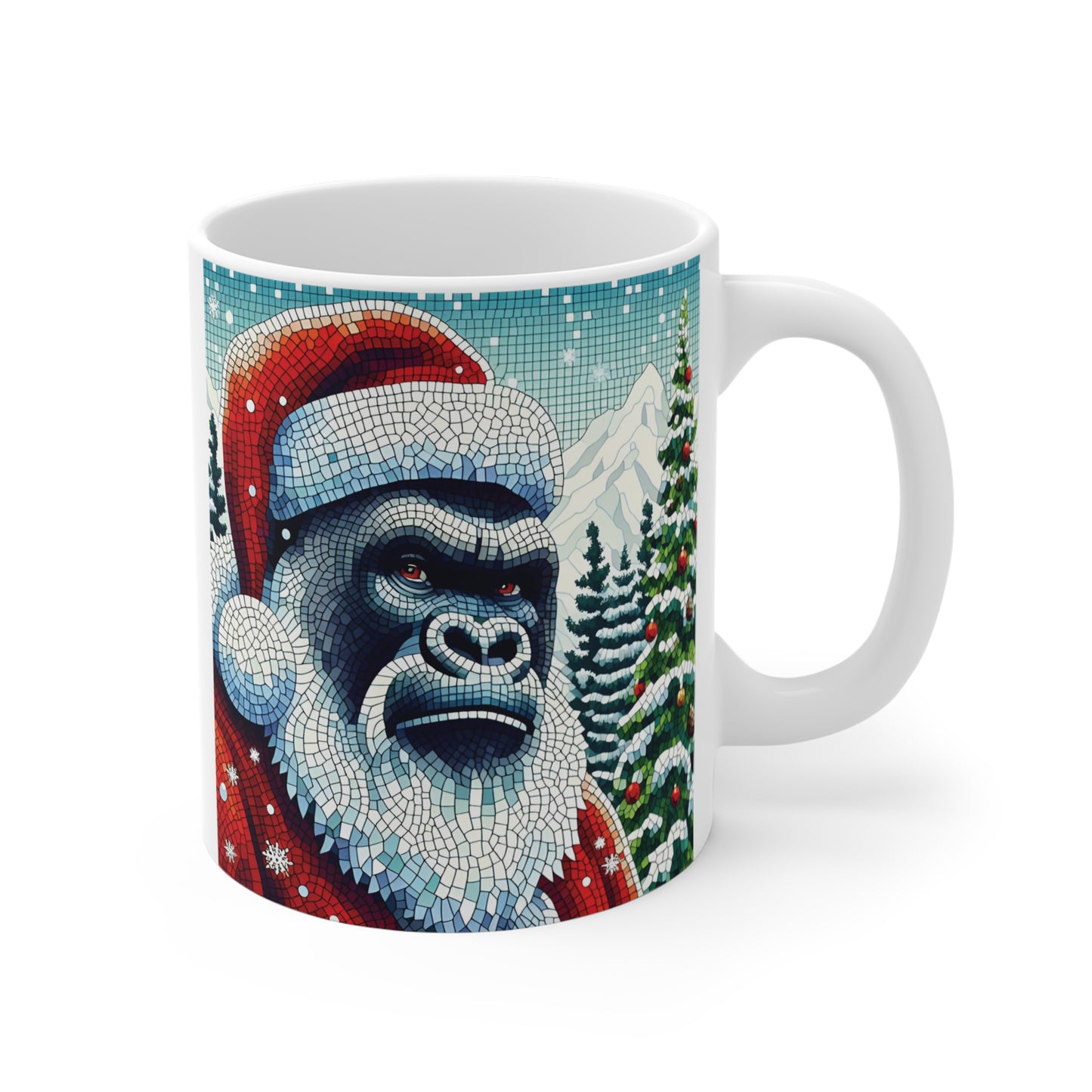 Mosaic-style gorilla dressed as Santa Claus on a white ceramic Christmas mug with snowy mountains and decorated evergreen trees.
