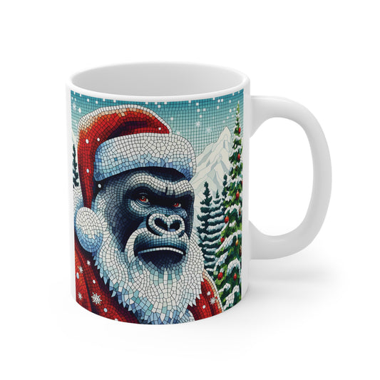 Mosaic-style gorilla dressed as Santa Claus on a white ceramic Christmas mug with snowy mountains and decorated evergreen trees.