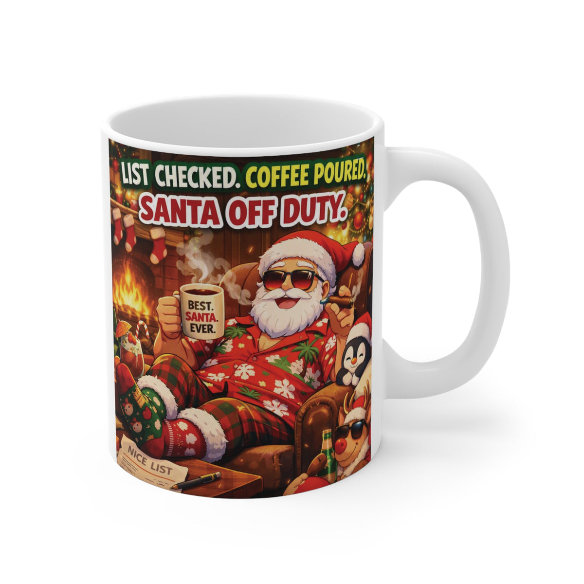 Santa Off Duty 11oz Christmas coffee mug featuring a relaxed Santa with coffee by a cozy fireplace.
