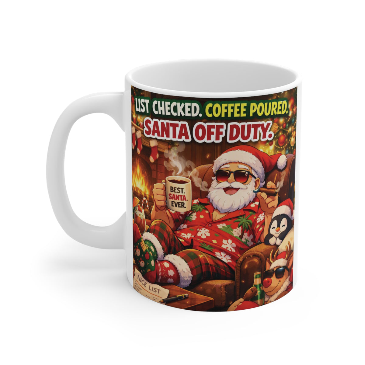 Festive Santa Off Duty coffee mug with colorful Christmas artwork, a fun holiday gift for friends, family and coworkers.