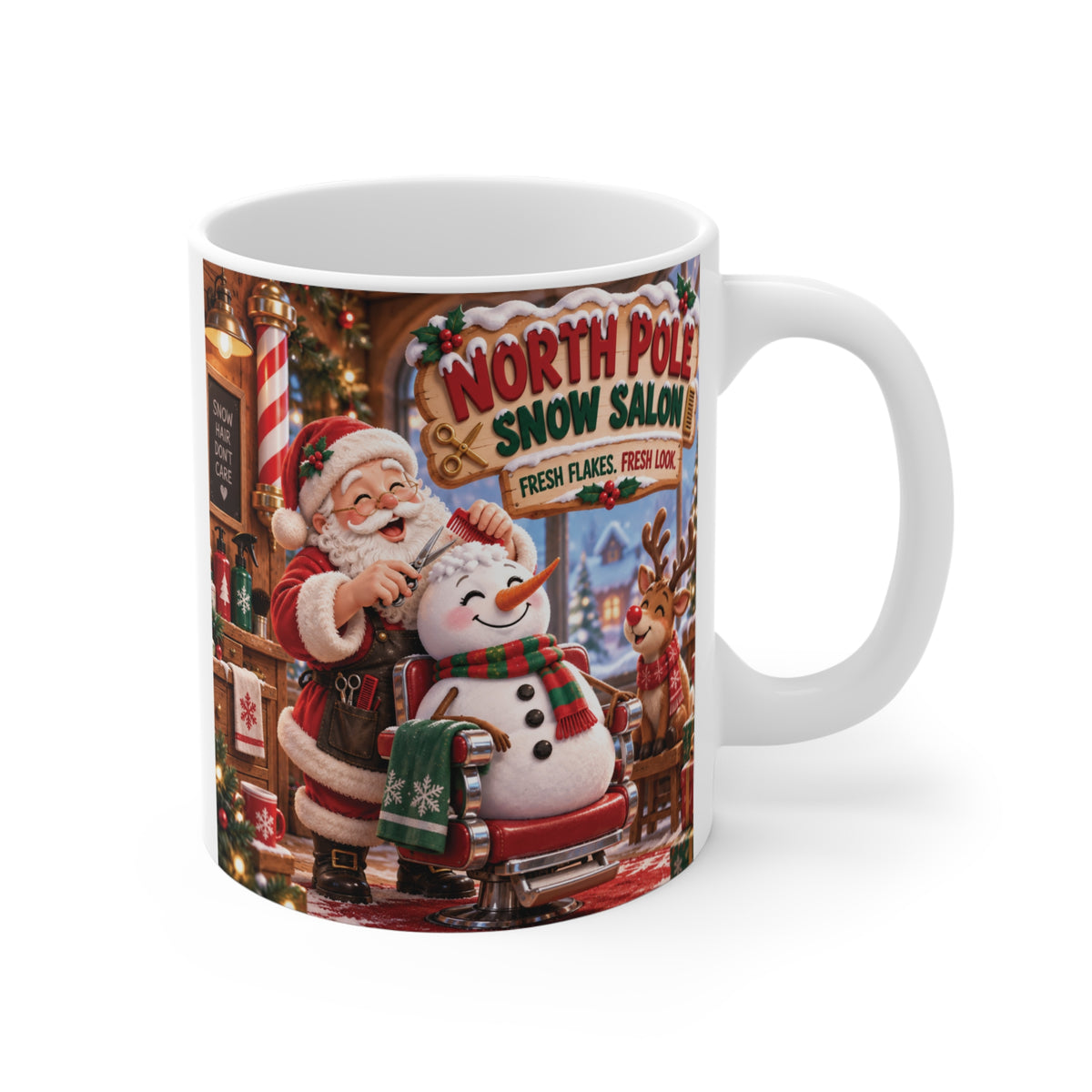 North Pole Snow Salon Christmas 11oz mug featuring Santa Claus and a cheerful snowman in a festive holiday scene
