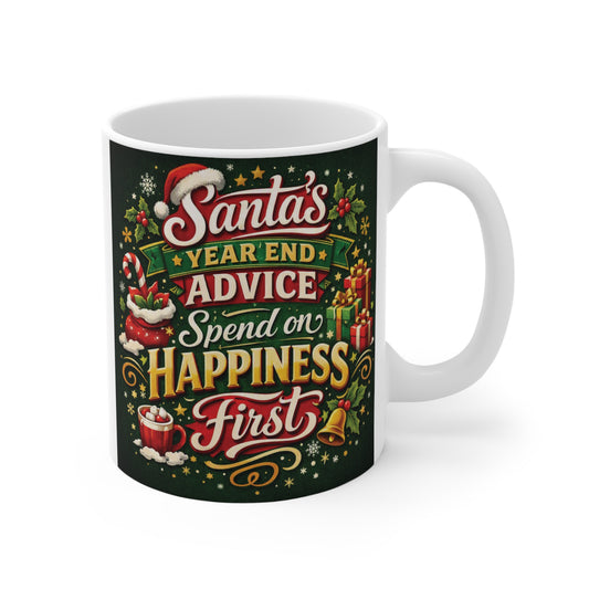 Santa’s Year End Advice 11oz Christmas mug with Spend on Happiness First festive holiday design