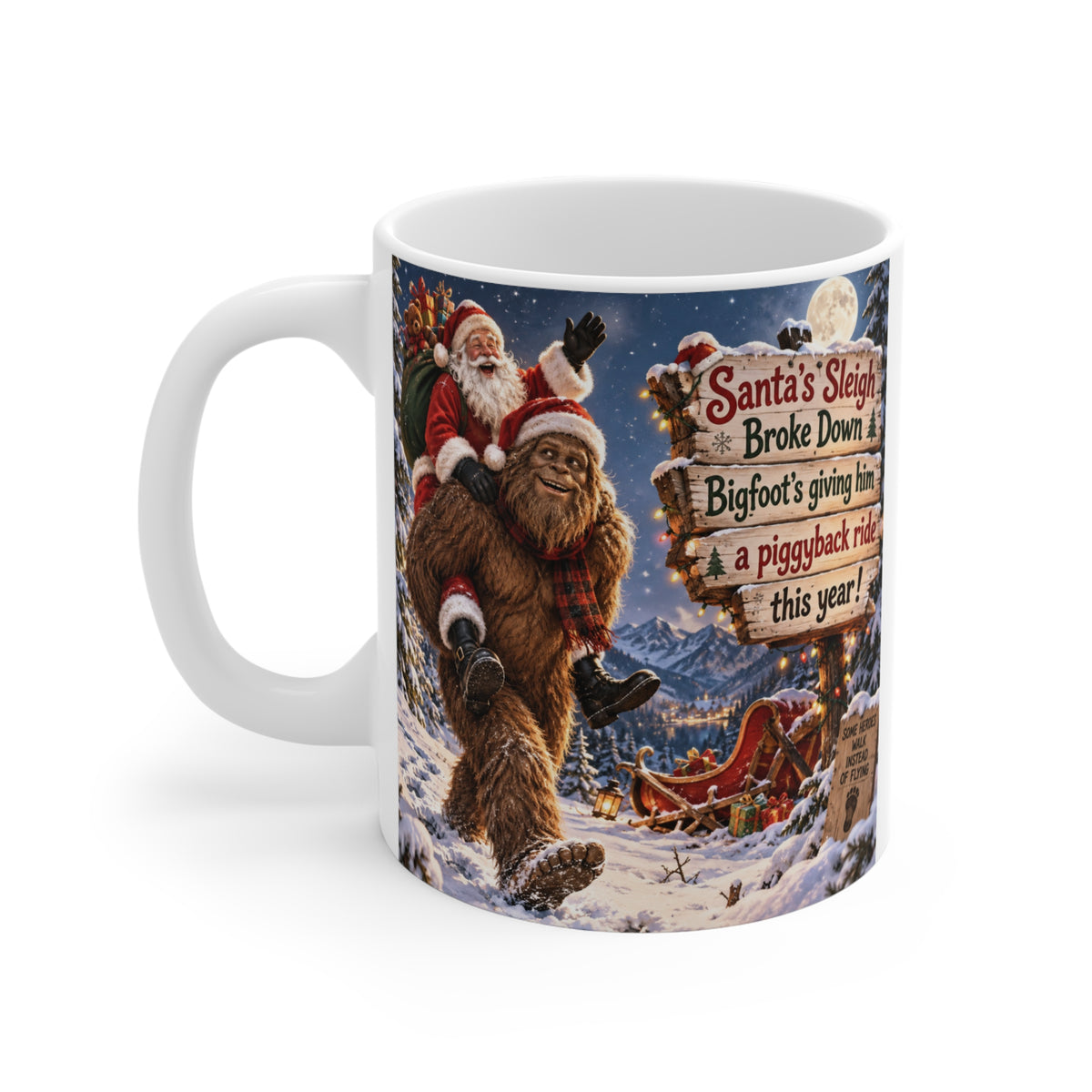 Funny Sasquatch Christmas coffee mug showing Bigfoot carrying Santa with a broken sleigh, presents, snow and festive scenery.