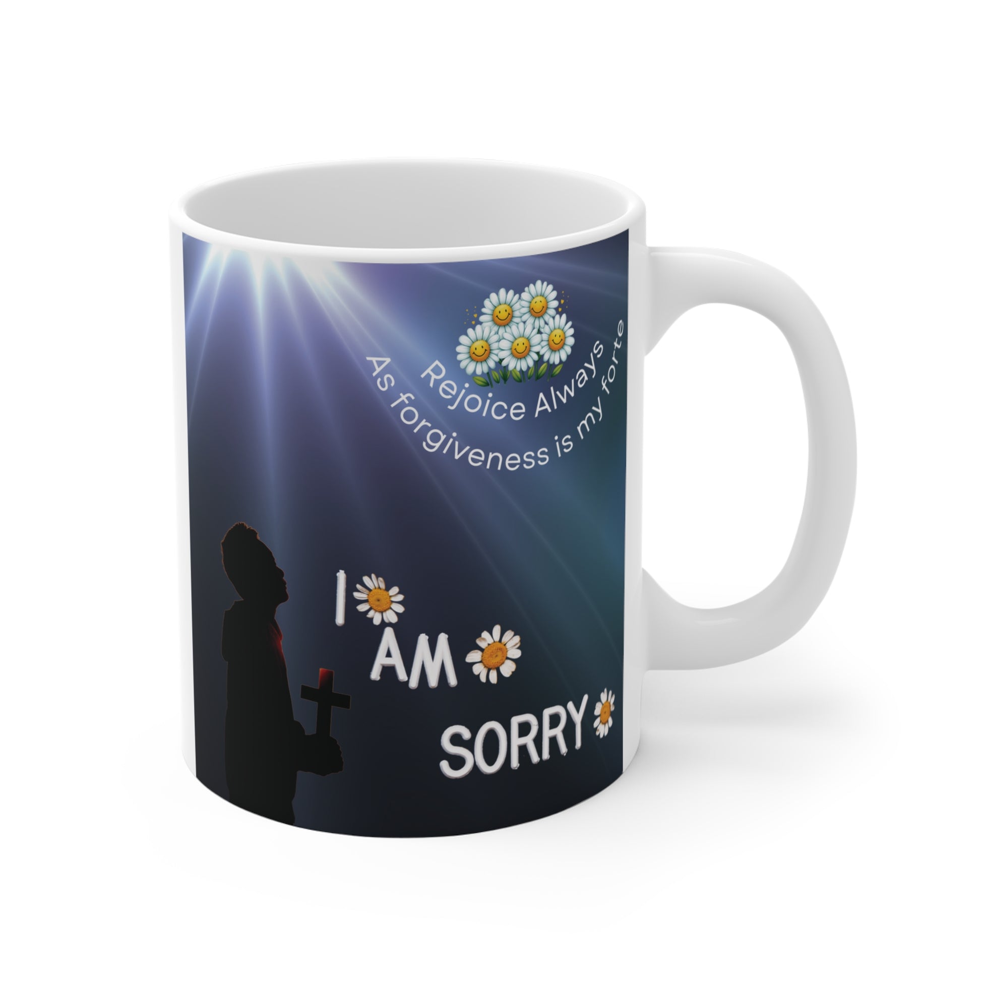 Religious apology mug with glowing sky, daisy flowers, and ‘I am sorry’ message symbolizing faith and forgiveness