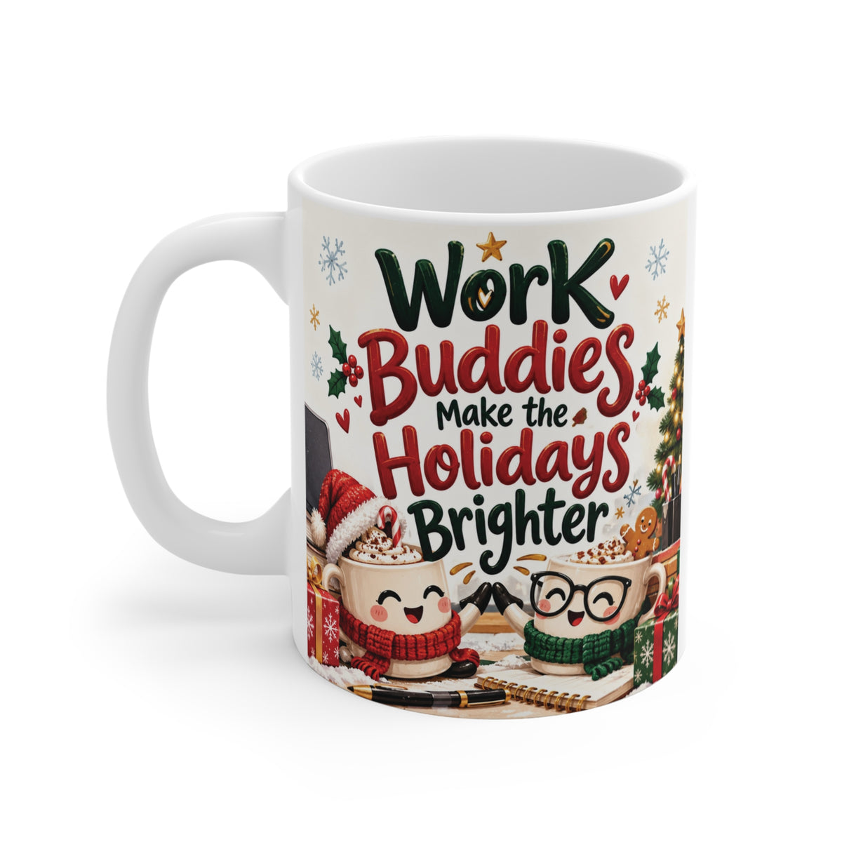 Festive 11oz ceramic Christmas mug for coworkers featuring smiling coffee cup characters, colorful holiday lettering and cheerful winter decorations.
