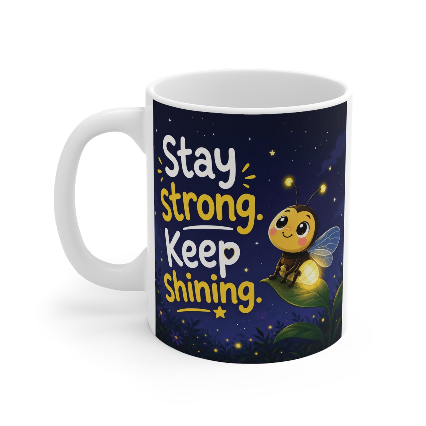 Cute aesthetic firefly mug featuring positive affirmation quote and glowing night sky illustration