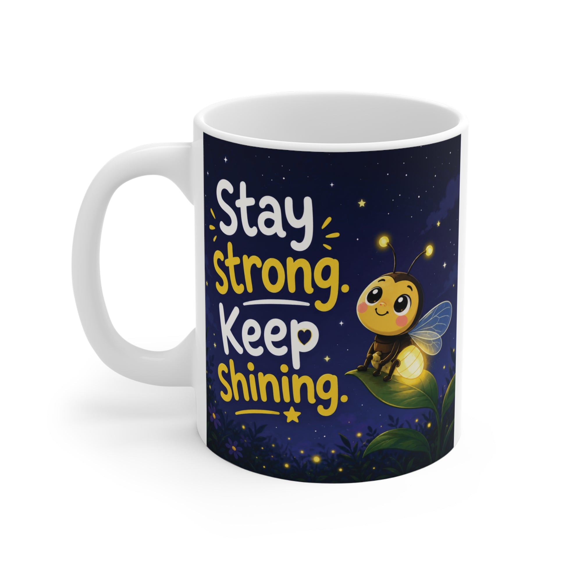 Cute aesthetic firefly mug featuring positive affirmation quote and glowing night sky illustration
