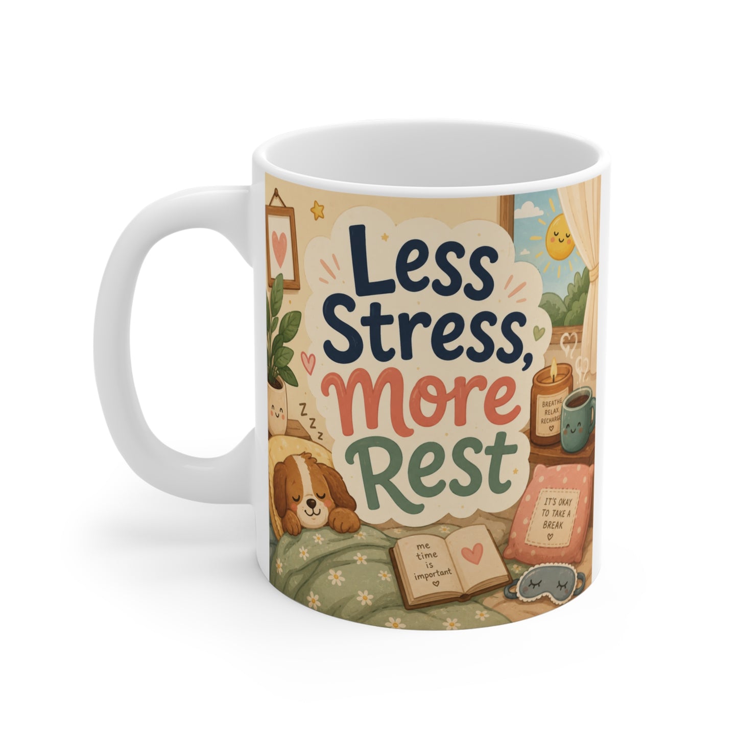 Motivational ceramic tea mug displaying "Less Stress More Rest" quote with charming cottagecore design, perfect for mindfulness and relaxation gifts.
